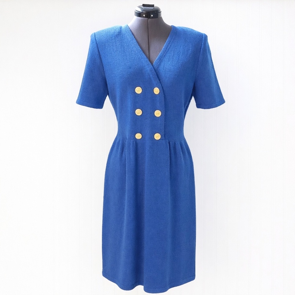 Vintage Don Sayres for Wellmore Blue Wool Dress Gold Button Size 10